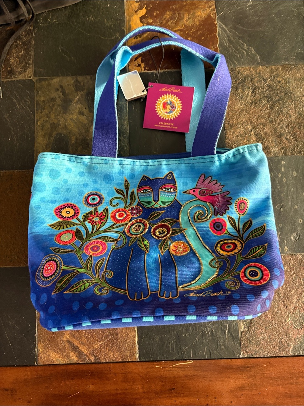 NWT Laurel Birch Blue Cat & Floral Tote Bag.